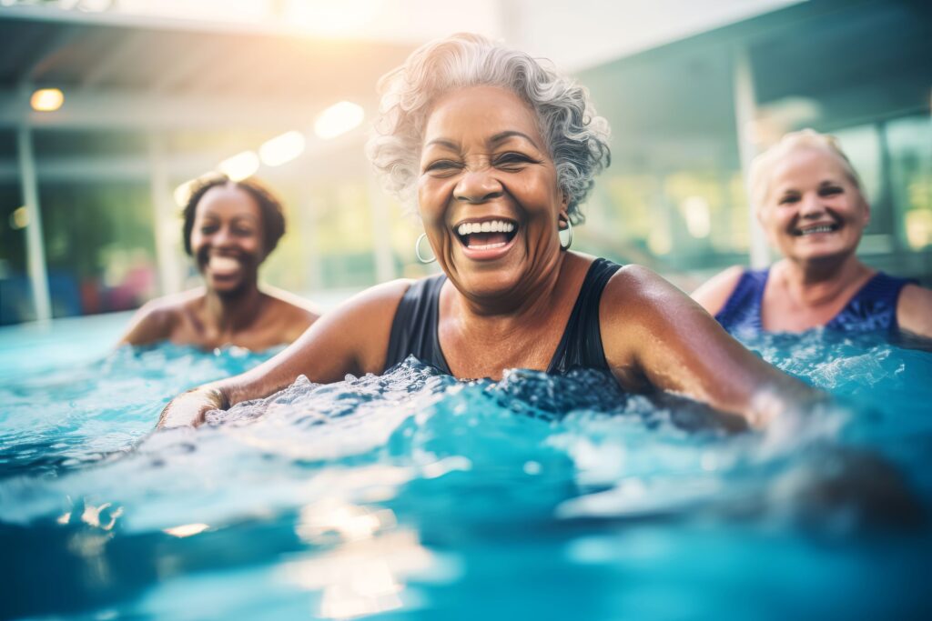 An AI image of three women in a swimming pool smiling.