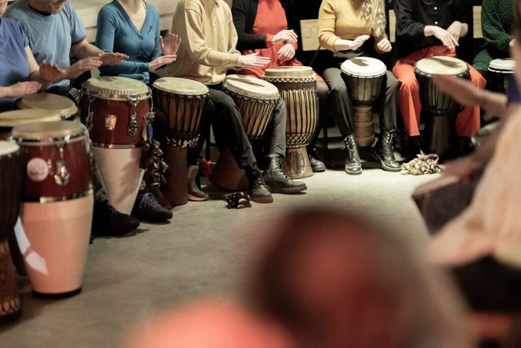 A photo of a drum circle.
