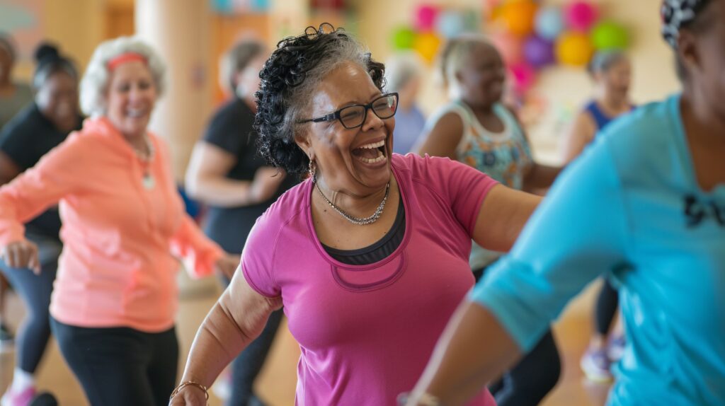 Photo of people in a gym dancing and laughing.