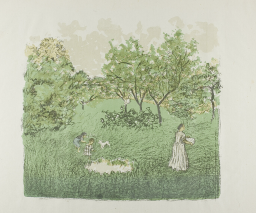 Painting of an orchard with people walking through it.