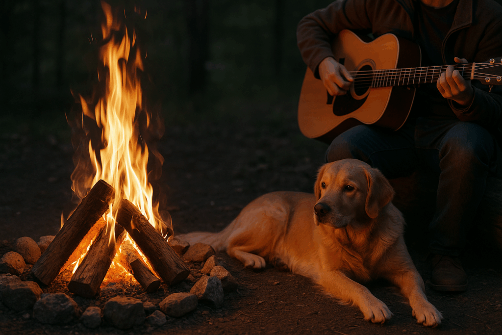 A man playing guitar, sitting at a campfire with a golden retriever at his feet.