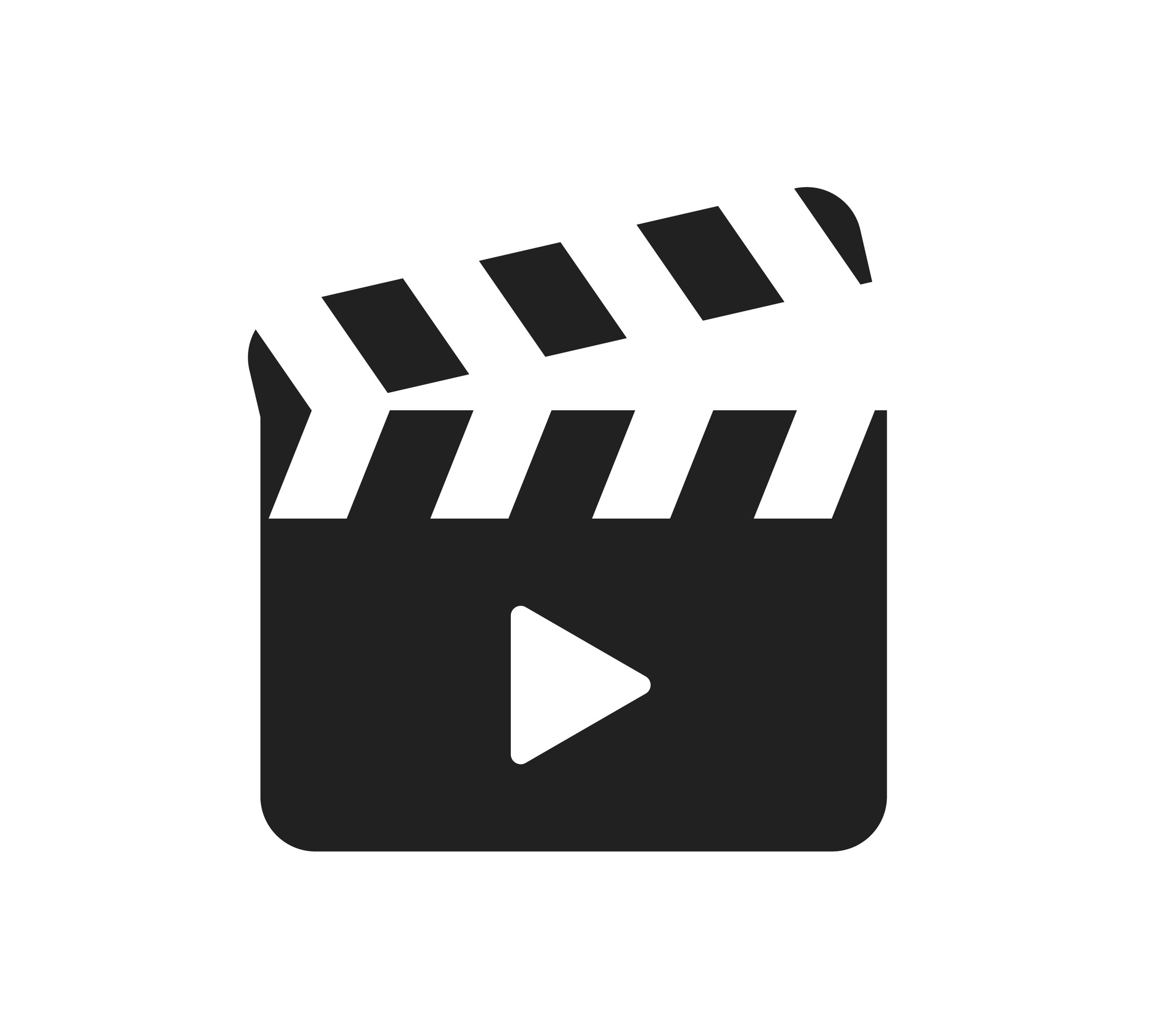 An image of a film clapper board with a "play" icon on the front in order to signify a video library.