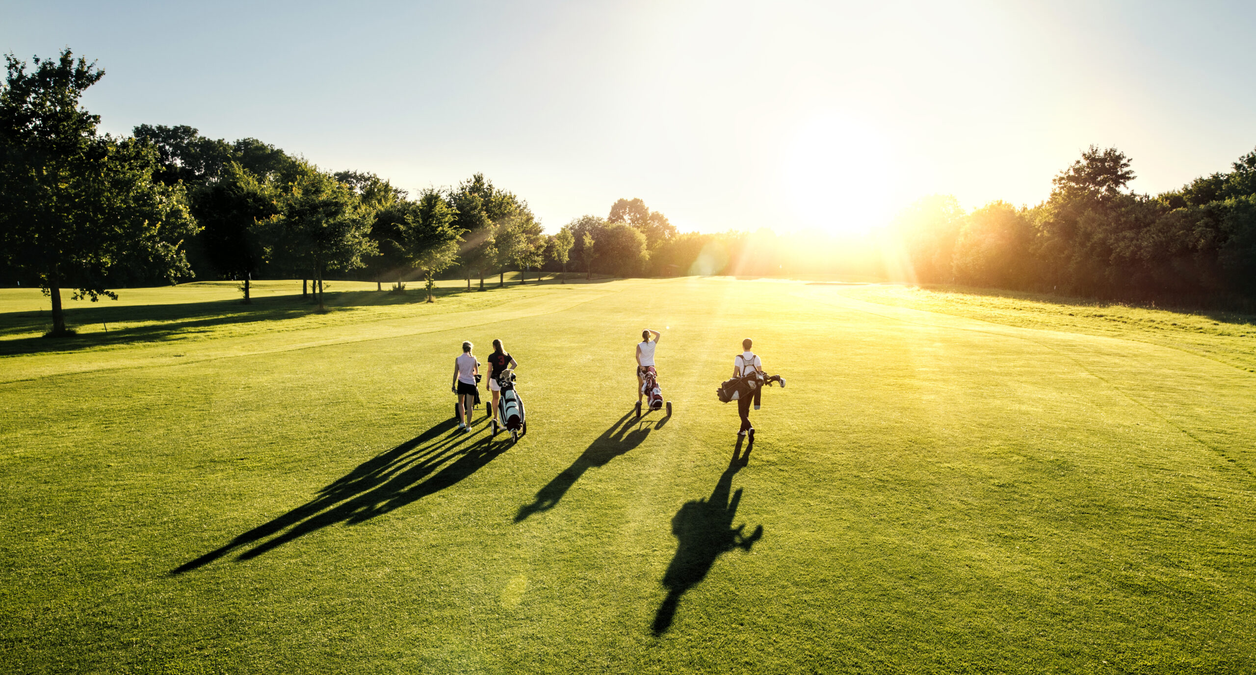 An image of 4 people walking on a golf course with golf clubs, as the sun shines down on them.